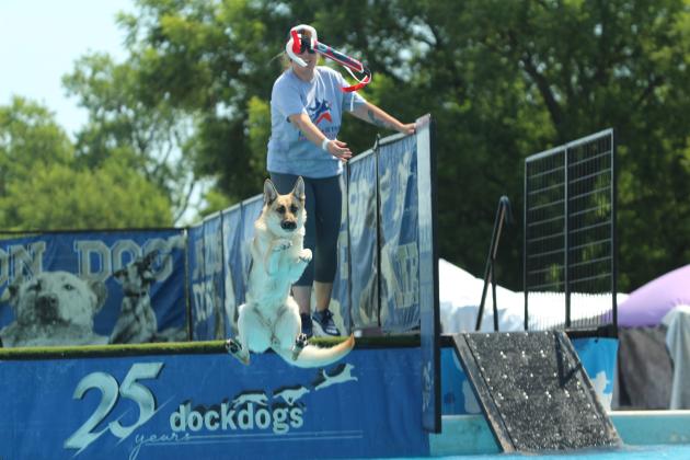 Emily Paulk throws a toy for Sophie during the DockDogs® competition on Aug. 9 at the FireLake Fireflight Balloon Festival. This was the first year for the national organization to participate in the festival.