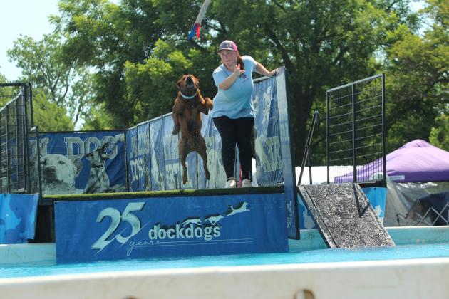 Sandy Goodson and Troubadour compete in the Big Air® division of the DockDogs® competition at the FireLake Fireflight Balloon Festival on Aug. 9. Troubadour jumped 10-feet, five inches in this round.