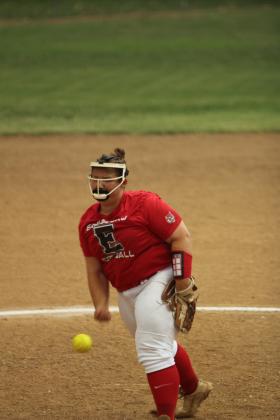 Earlsboro sophomore Abby McAlister hurls one past home plate.