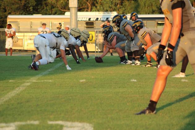 The Tecumseh Savages line up against the Broken Bow Savages during their first scrimmage of the season on Aug. 22. They also played the Western Heights Jets. Tecumseh's first home game will be on Sept. 5 at 7 pm against Classen SAS at Northeast.