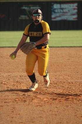 Tecumseh junior Embrie Smith was the third pitcher for THS in the home game with McLoud on Sept. 18. Senior Steeli Mitchell and fellow junior Jacee Townsend also played that position.