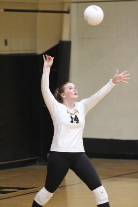Tecumseh senior Channing Goodson keeps her eye on the ball as she serves in the home match against North Rock Creek on Aug. 28.  File photos by Natasha Dunagan, Countywide &amp; Sun.