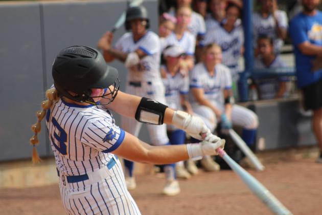 Bethel sophomore and pitcher Lilly Ingmire hits a triple in the seventh inning of the Class 3A State Fast Pitch Quarterfinal game with Lindsay, held at Devon Park in OKC on Oct. 16. The Lady Wildcats lost, 0-6, but end their season with a record of 31-6 and ranked #5, according to the OSSAA Rankings website.