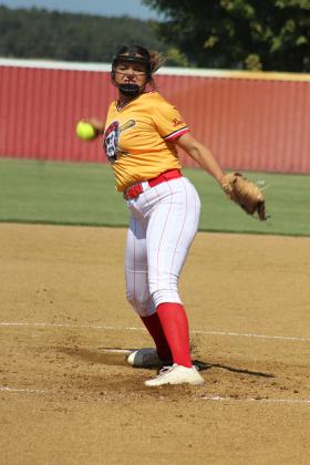 Dale sophomore Maxtyn Motley hurls her pitch during the Class 2A Regional Tournament game against Texhoma/Goodwell on Sept. 25. The Lady Pirates won that game, 12-0, as well as the next two games against Mangum, 9-0 on Sept. 25 and 7-1 on Sept. 26. Natasha Dunagan, Countywide &amp; Sun