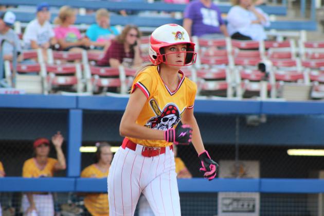 Dale junior Holland Herring sprints to first base, as a Howe player makes the catch, in the seventh inning of the Class 2A Fast Pitch State Quarterfinals on Oct. 9. The top-ranked Lady Pirates lost 0-3 at Devon Park's OG&amp;E Field in OKC, ending their season with a record of 35-4.