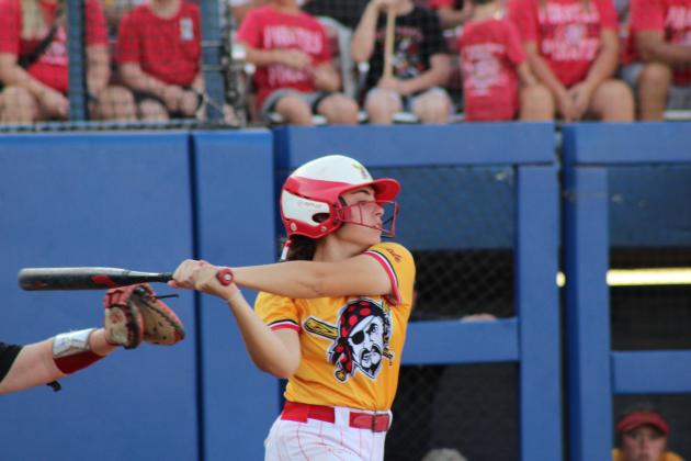 Dale senior Daley Lang takes a swing before getting to walk in the seventh inning of the Class 2A Fast Pitch State Quarterfinals against Howe on Oct. 9. The top-ranked Lady Pirates lost 0-3 at Devon Park's OG&amp;E Field in OKC, ending their season with a record of 35-4.