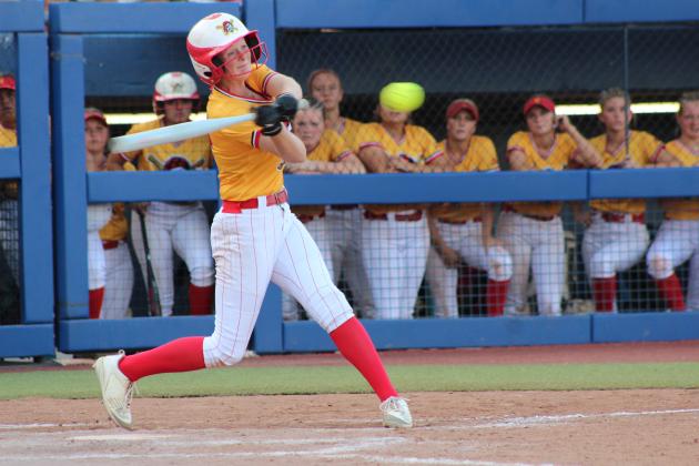 Dale sophomore Brooke Sheline smacks a single in the seventh inning of the Class 2A Fast Pitch State Quarterfinals against Howe on Oct. 9. The top-ranked Lady Pirates lost 0-3 at Devon Park's OG&amp;E Field in OKC, ending their season with a record of 35-4.