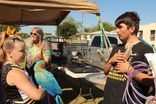 Jentri Peacock, 9, and sophomore band member Izaya Genzer, both of Tecumseh, hold Jellybean the Cobalt Macaw and Shark the Bearded Dragon, respectively, as owner Susan Ham of Shawnee looks on, in the Kids Zone of Frontier Days on Sept. 27. Ham and her husband, Ron, offered several types of birds and tortoises at their petting zoo.