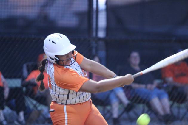 Maud senior Natalie Brown makes contact while at bat in the home game against Carney on Sept. 22. The Lady Tigers lost that game, 0-11, and ended their season in district play against Asher on Sept. 25. Natasha Dunagan, Countywide &amp; Sun