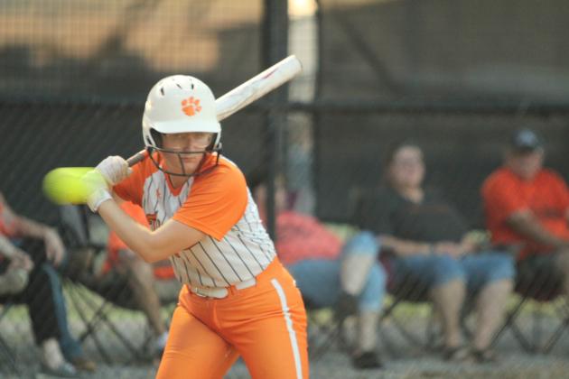 Maud junior Mariah Burkhalter keeps her eye on the ball in the home game against Carney on Sept. 22. The Lady Tigers lost that game, 0-11, and ended their season in district play against Asher on Sept. 25. Natasha Dunagan, Countywide &amp; Sun