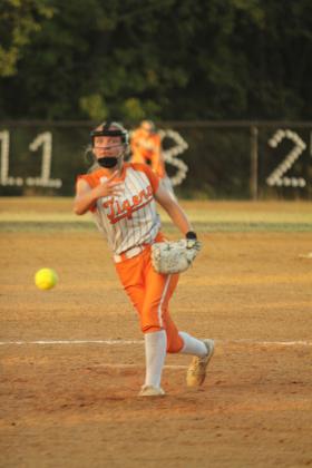 Maud senior Kylee Collins slings one to the catcher in the home game against Carney on Sept. 22. The Lady Tigers lost that game, 0-11, and ended their season in district play against Asher on Sept. 25. Natasha Dunagan, Countywide &amp; Sun