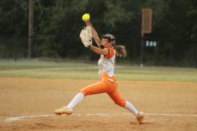 Maud senior Kylee Collins slings one to the catcher in the home game against Carney on Sept. 22. The Lady Tigers lost that game, 0-11, and ended their season in district play against Asher on Sept. 25. Natasha Dunagan, Countywide &amp; Sun