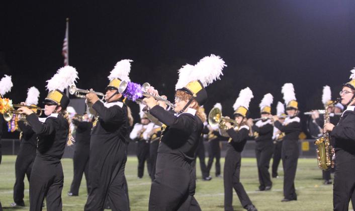The Tecumseh Savage Pride Marching Band perform songs from Chicago, Les Miserables, and Wicked during halftime of the Homecoming game with Harrah on Oct. 3. Homecoming's theme was "Rio Nights, Homecoming Lights." Natasha Dunagan, Countywide &amp; Sun