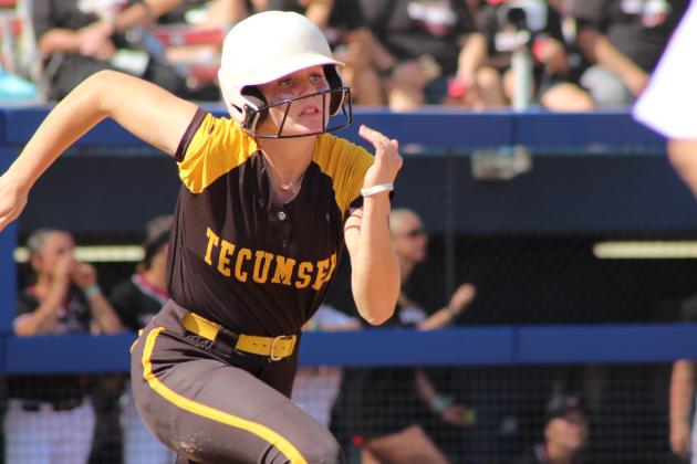 Tecumseh senior Steeli Mitchell sprints to first after hitting a single in the sixth inning of the Class 4A Fast Pitch State Quarterfinal game against Tuttle, held at Devon Park in OKC on Oct. 16. The Lady Savages lost, 0-5, but ended the season ranked sixth with a 29-10 record.