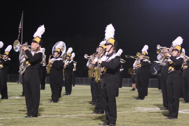 The Tecumseh Savage Pride Marching Band performs songs from Broadway, including Chicago, Les Miserable and Wicked, during halftime of the Oct. 16 home game.