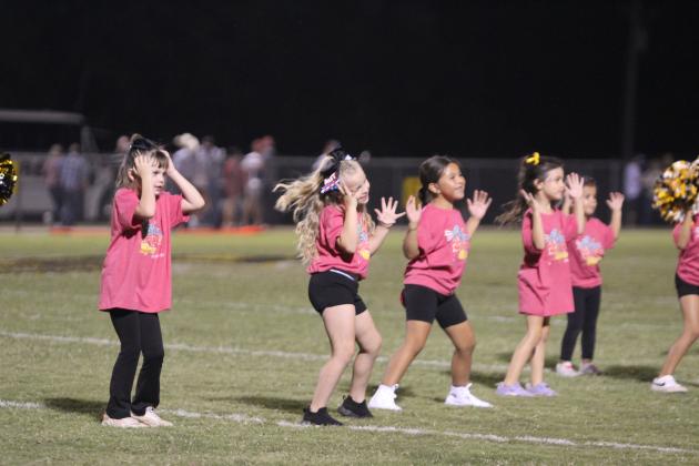 The youngest participants in Tecumseh's Savage Cheer Clinic perform to "Surfin USA" by the Beach Boys during halftime of the Oct. 16 home game.