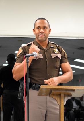 LT Kyle Winrow, now with the Oklahoma Highway Patrol, shared his story of gorwing up in a military family and his time in the army. Both of Winrow's parents served as well as many other family members. Julie Talton, Countywide &amp; Sun