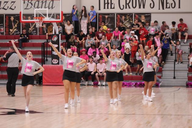 The Dale High School Cheerleaders lead a chant during the Pirates Nov. 21 Pink Out home game. Natasha Dunagan, Countywide &amp; Sun