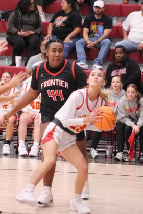 Dale senior Mika Monroe keeps her eyes on the hoop during the Nov. 21 home game against Frontier. The Lady Pirates won 74-36. Natasha Dunagan, Countywide &amp; Sun