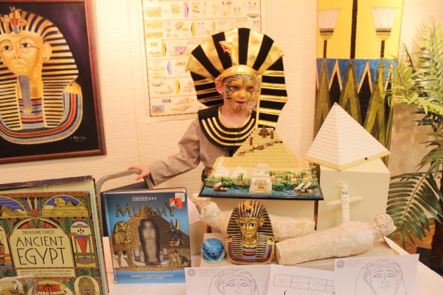 "Future Egyptologist" Patrick Newpower, age 8, speaks about the Egyptian pyramids during the Fifth Annual Mummy Day, Nov. 8, at the Mabee-Gerrer Museum of Art in Shawnee. Photos by Natasha Dunagan, Countywide &amp; Sun