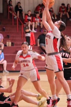 Macomb's Deja Givens aims for the hoop, as teammate Cassi Johnson steps over a fallen Wayne defender, during the Nov. 18 home game. The Lady Hornets lost 44-49.