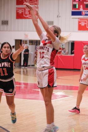 Macomb's Rylee Hancock adds three points during the Nov. 18 home game against Wayne. The Lady Hornets lost 44-49.