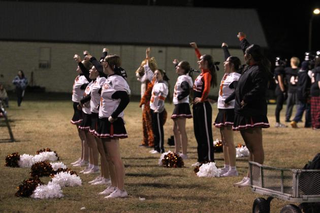 The Maud High School Cheerleaders and mascot rally the crowd during the Class C First Round Football Playoffs home game against Bluejacket on Nov. 14.