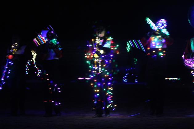 The North Rock Creek Marching Band takes their turn to perform their program bedecked in lights during the Veteran's Day Light Show, held at the Tecumseh football field on Nov. 11.