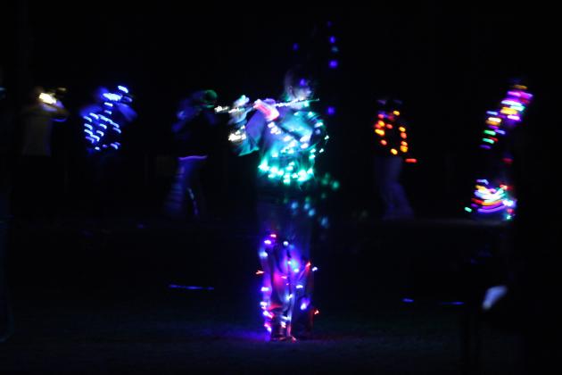 The horn section of the Tecumseh Savage Pride Band performs the light show version of their "On Broadway" program during the Veteran's Day event on Nov. 11 at the THS football field. Last year, they added fireworks. This year they invited the Meeker and North Rock Creek High School bands to join them. They played individually, then joined together for the patriotic finale.