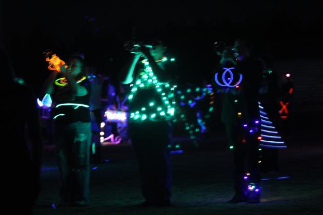 The horn section of the Tecumseh Savage Pride Band performs the light show version of their "On Broadway" program during the Veteran's Day event on Nov. 11 at the THS football field. Last year, they added fireworks. This year they invited the Meeker and North Rock Creek High School bands to join them. They played individually, then joined together for the patriotic finale.