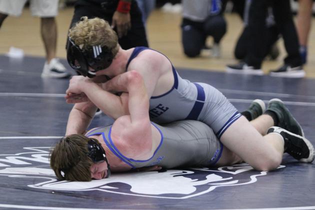 Shawnee's Colton Herron uses his Newcastle opponent's arm to try and flip him during the Shawnee High School Boys Dual on Dec. 2. Natasha Dunagan, Countywide &amp; Sun