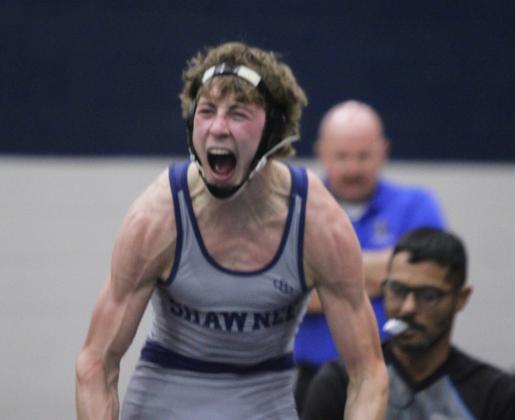 Shawnee's Stetson Tucker yells his excitement after winning his match in the 132 weight class during the Shawnee High School Boys Dual against Newcastle on Dec. 2. Shawnee won the meet, 46-36. Natasha Dunagan, Countywide &amp; Sun