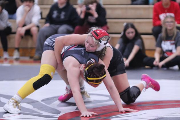 McLoud's Addison Adams works on pinning Tecumseh's Kylei Gokey, front. Natasha Dunagan, Countywide &amp; Sun