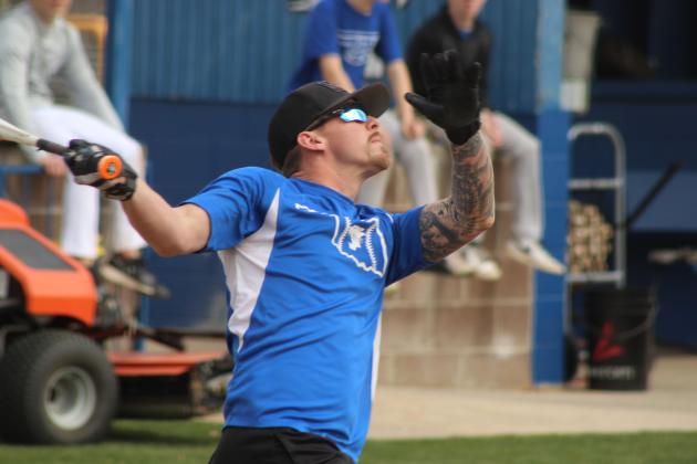 Cameron Eggar sends it soaring during the Annual Bethel Baseball Alumni Game on Feb. 28.