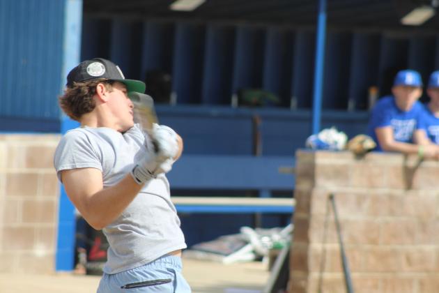 Bethel 2024 graduate R.J. Morris swings at bat during the Annual Bethel Baseball Alumni Game on Feb. 28.