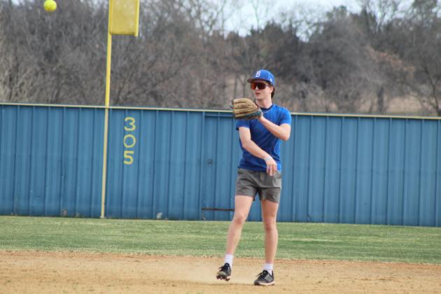 Bethel 2025 graduate Roger Brooks throws to the pitcher during the Annual Bethel Baseball Alumni Game on Feb. 28. Bethel Baseball Season opened on March 3 against Millwood.