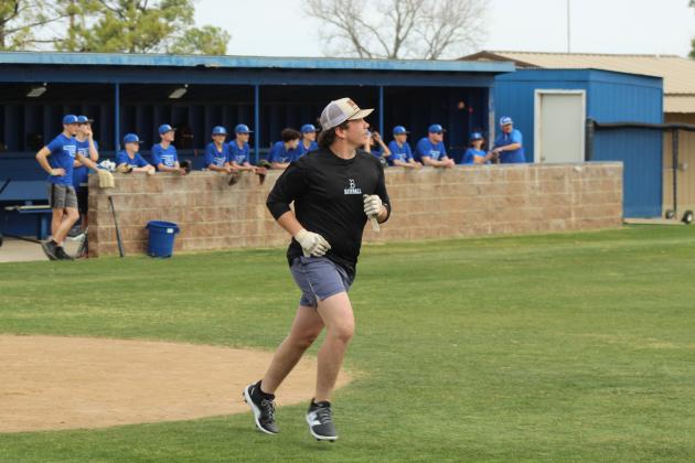 Bethel 2025 graduate Dally Trussell watches the ball as he runs to first during the Annual Bethel Baseball Alumni Game on Feb. 28. Bethel Baseball Season opened on March 3 against Millwood.