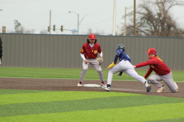 Shawnee sophomore Parker Wells tries to steal second with no luck in the home game with Putnam City North on March 7 at their newly-rebuilt facility, complete with turf. Shawnee photos by Natasha Dunagan, Countywide &amp; Sun