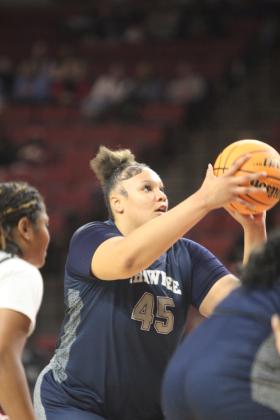 Shawnee sophomore Karma Mason focuses on her free throw during the Class 5A State Quarterfinal game against Del City, held at the Lloyd Noble Center in Norman on March 12. The Lady Wolves lost, 34-44, and ended their season with a record of 21-7. Photos by Natasha Dunagan, Countywide &amp; Sun