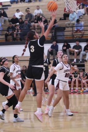 Tecumseh junior Genesis Fixico tries for a basket and draws a foul in the fourth quarter of the Class 4A Regional Consolation Bracket game against Ada, held at McLoud on Feb. 26. The Lady Savages lost, 32-42, ending their season. Photos by Natasha Dunagan, Countywide &amp; Sun