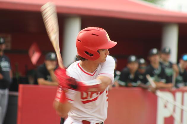 Dale sophomore Cruz Garrett swings for a single at the April 17 home game against Jones. The Pirates won 4-2.
