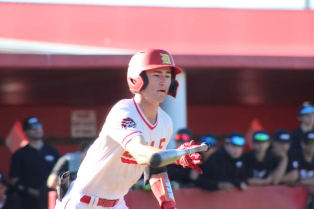 Dale junior Chase Harris throws down his bat and walks to first base after being hit by the ball in the April 6 home game against Oklahoma Christian Academy. The Pirates won, 8-0.