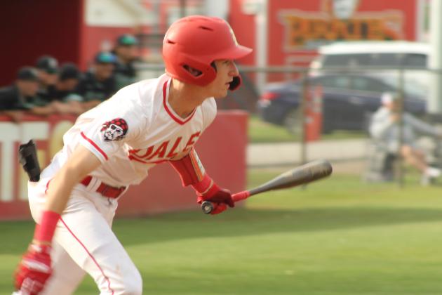 Dale junior Chase Harris throws his bat down after smacking a single at the April 17 home game against Jones. The Pirates won 4-2.