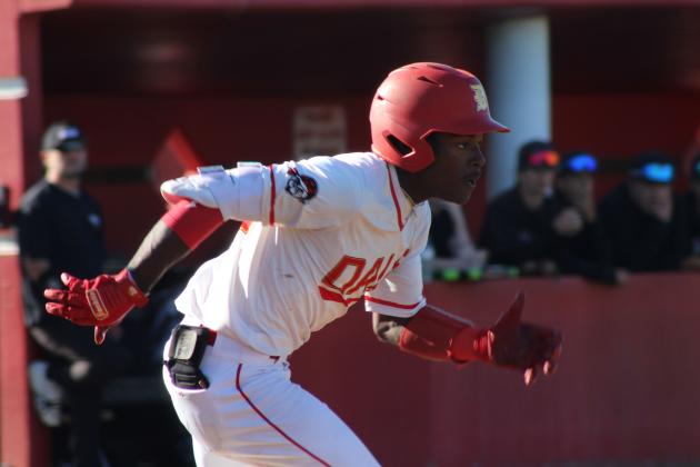 Dale junior Braylon White hits a single and runs to first in the April 6 home game against Oklahoma Christian Academy. The Pirates won, 8-0.