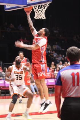 Potawatomi Fire forward Isaiah Wade makes a layup during the April 3 home game against the Dallas Stampede.