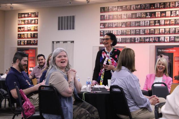 Citizen Potawatomi Nation Vice Chairman Linda Capps, standing, speaks at the Tecumseh Chamber of Commerce Legislative Luncheon, held at the CPN Cultural Heritage Center on April 10. CPN recently made a donation to Gateway for Prevention and Recovery.