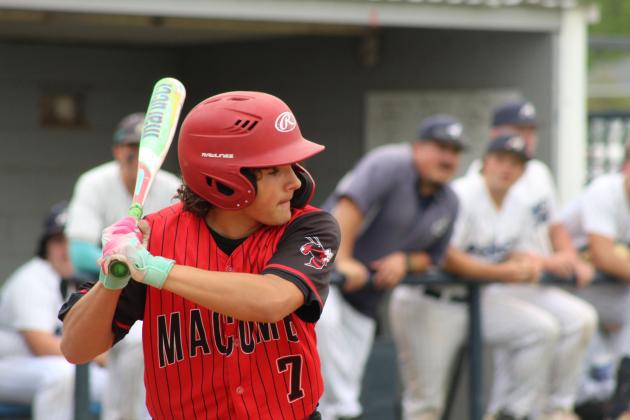 Macomb sophomore Declan Powers takes his turn at bat during the first inning of the Class B District Baseball Tournament at Asher on April 22.