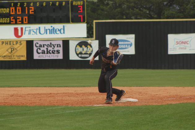 Bethel senior Kadenn May prepares to make the catch at first base during the fourth inning of the April 3 game at Tecumseh.