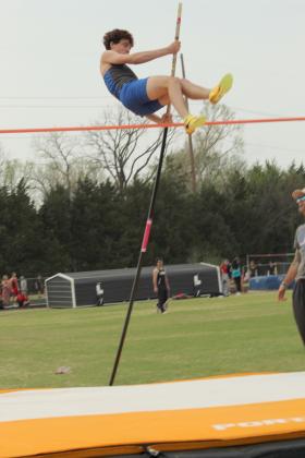 Bethel junior Aiden Johnson competes in pole vaulting during the Tecumseh Track Meet on March 31.
