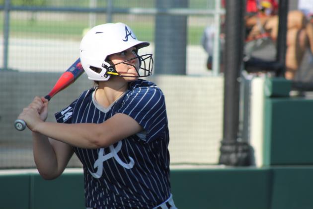 Asher freshman Karley King concentrates before hitting a double during the April 16 game against Earlsboro in the Willie Stargell Slow Pitch Festival, held at FireLake Ball Fields. Asher won this game 8-0, as well as the game with Merritt that day, 6-1. Natasha Dunagan, Countywide &amp; Sun
